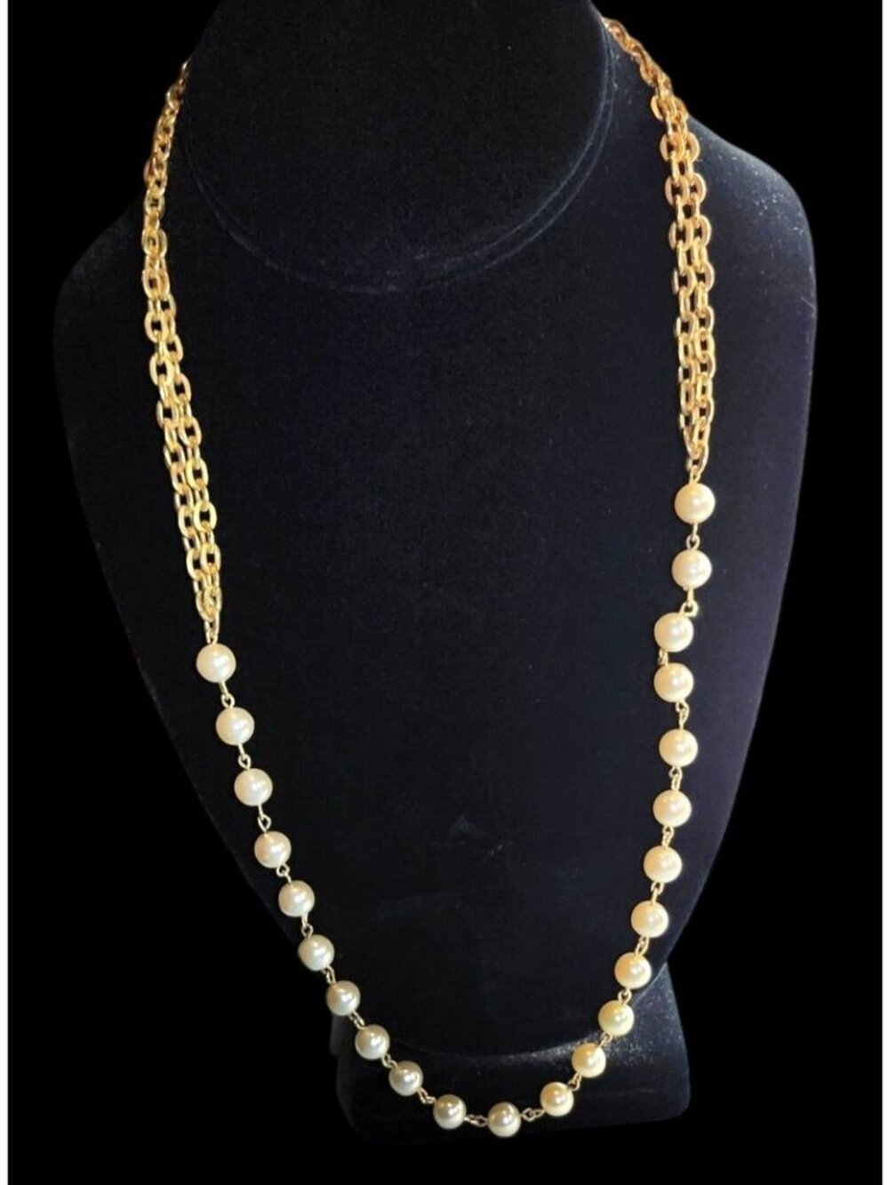 Vintage Gold-Tone Double Chain Necklace With Faux Pearls & Spring Ring Clasp - Picture 4 of 6
